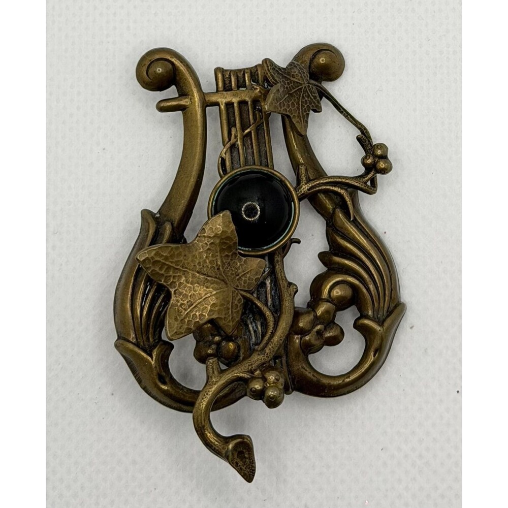 Vintage Art Nouveau Style Musical Lyre and Ivy Leaf Brass Brooch Black Cabochon - Picture 1 of 5